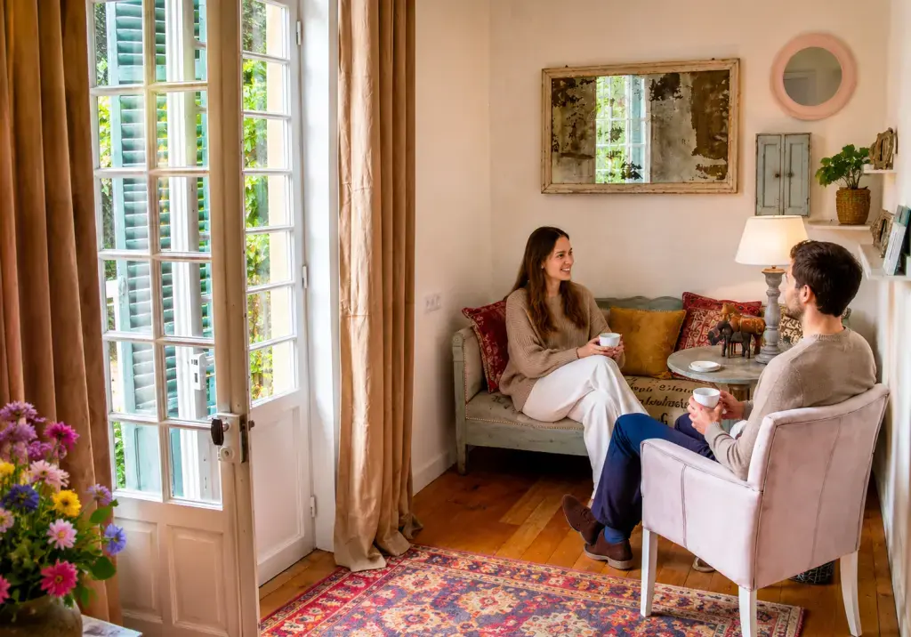 Gespr&auml;ch im Salon des Retreat-Gutshauses in Burgund